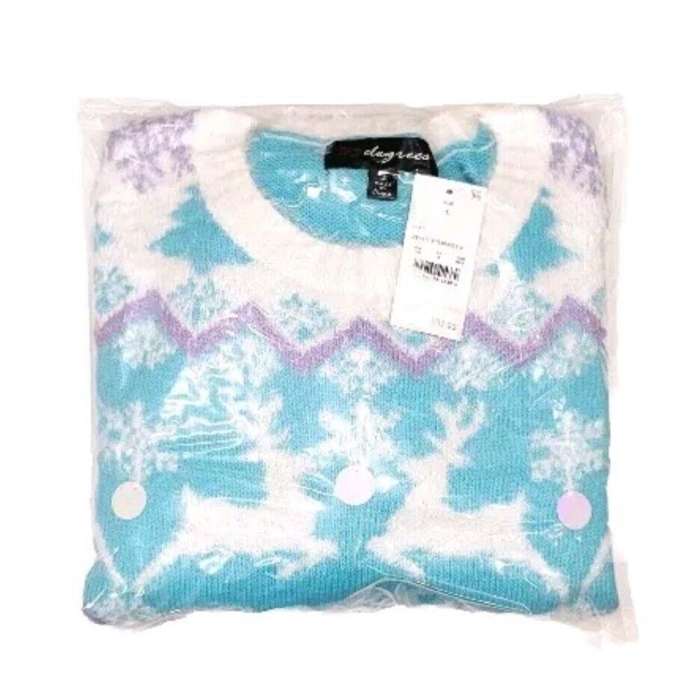 33 Degrees Women's L Reindeer Graphic Sequin Bling Sweater Fuzzy Blue Christmas